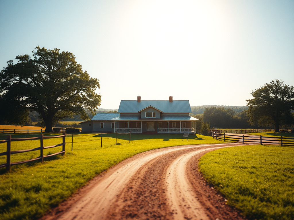a residential home in a rural country environment with a warm, inviting farmhouse style exterior, wide open fields, a dirt driveway, and plenty of greenery under a bright sunny sky