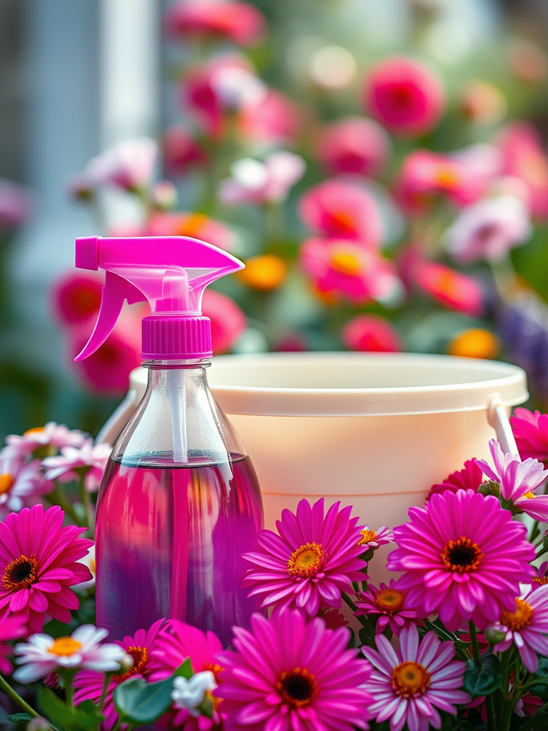 a spray bottle and a cleaning bucket surrounded by flowers in a clean, fresh, and vibrant setting