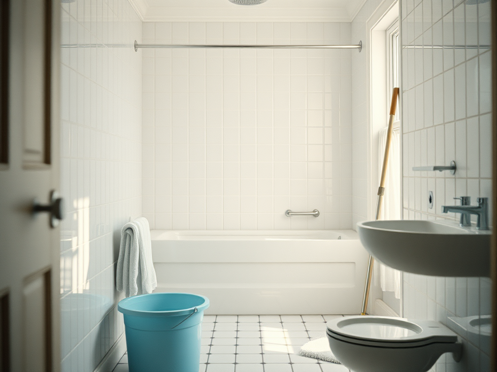 clean, tidy bathroom with natural sunlight streaming in, featuring a fresh and inviting look, with a bucket and mop to emphasize cleanliness