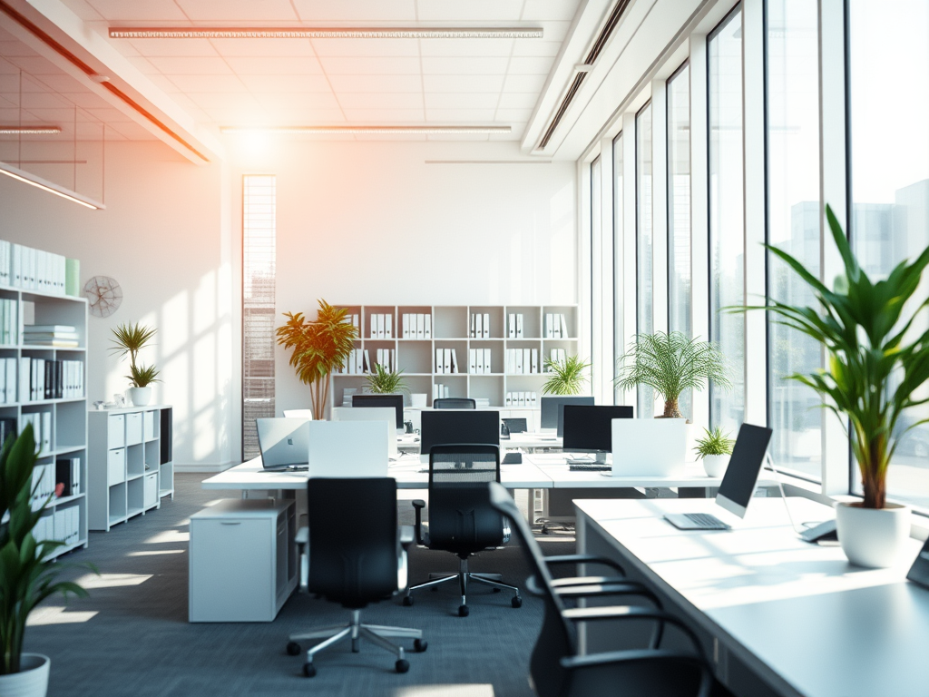 modern office space with lots of natural sunlight, clean, organized, spacious, bright light flooding in from large windows, creating a fresh and welcoming atmosphere