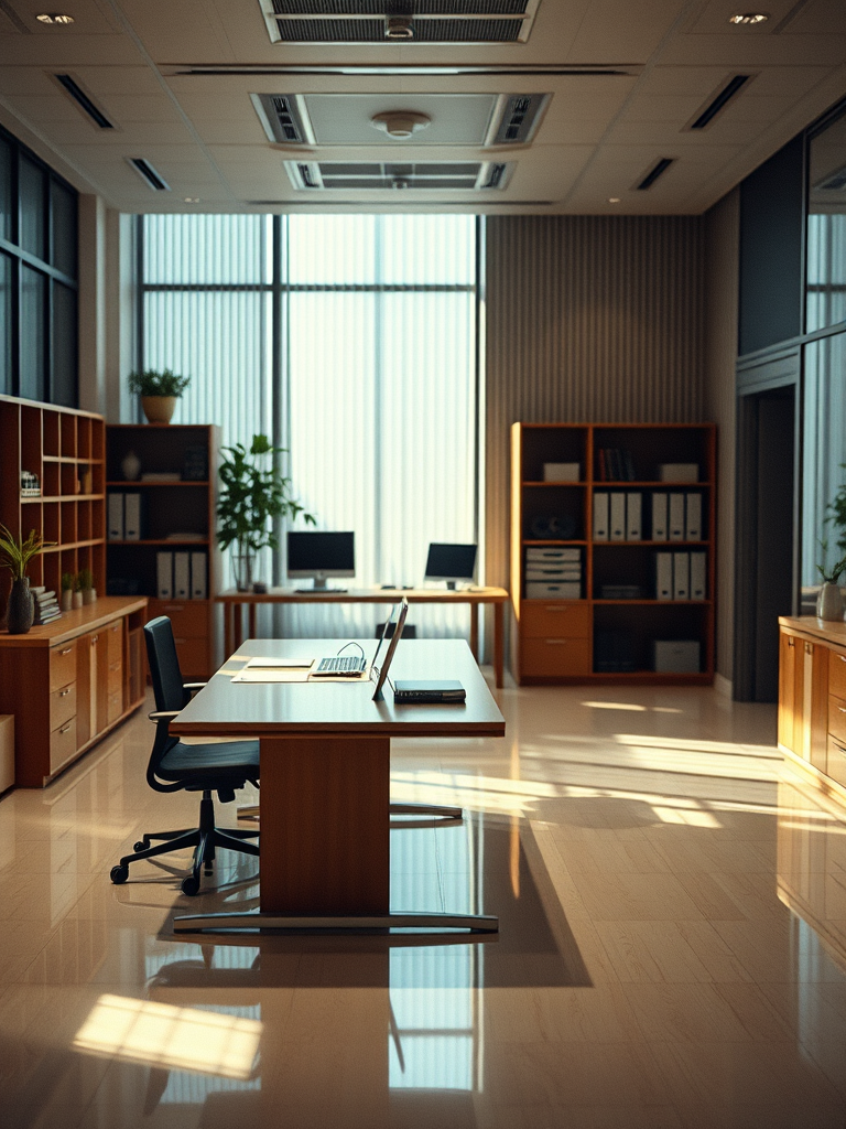 professional office space with polished floors, a clean desk, and a welcoming, organized work area